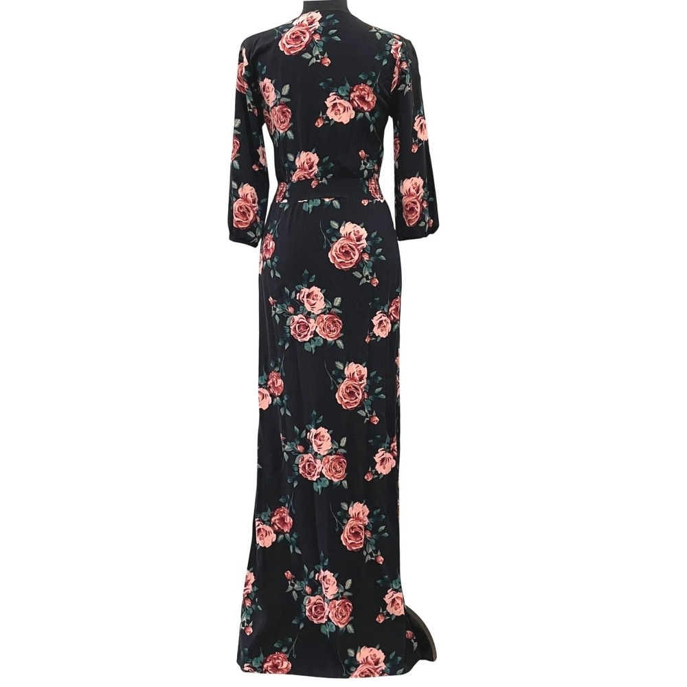 Forever 21 Black Floral Rose Print V-Neck Smocked Waist Maxi Dress S Cottagecore - Picture 6 of 14